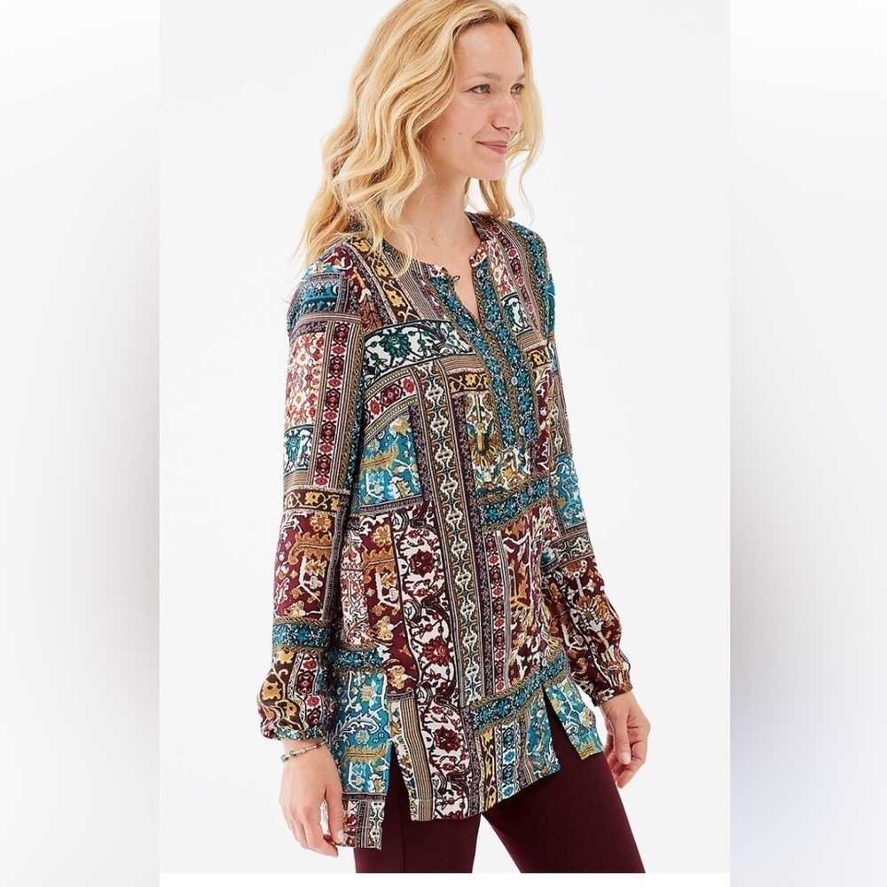 J Jill Button Front Tunic Patchwork Print‎ Long Sleeve Large Petite